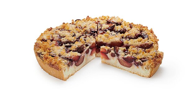 Plum Cake with Butter Crumbles, sliced